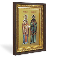 Икона равноапостольных Кирилла и Мефодия, в широком багете, цвет "темный дуб", на холсте, с золочением