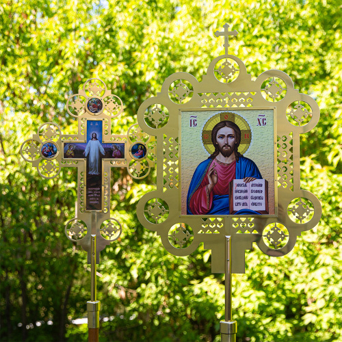 Запрестольные крест и икона с ликами Спасителя и Божией Матери "Знамение", комплект, латунь фото 7