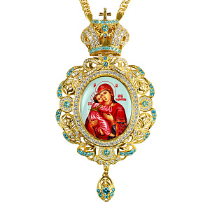 Панагия с иконой Богородицы 8х15 см, с цепью, голубые и белые камни (позолота)
