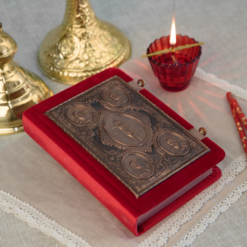 Евангелие требное среднее красное, оклад "под бронзу", бархат, 17х22 см фото 2