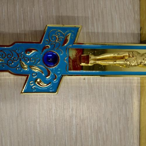 Крест напрестольный латунный голубой, 14х26 см, синие камни, У-0125 фото 3