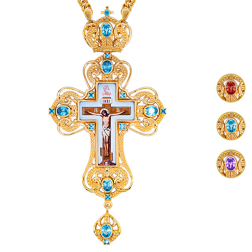 Крест наперсный из ювелирного сплава в позолоте с цепью, фианиты, 7,5х15 см