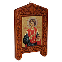 Икона великомученика и целителя Пантелеимона на резной доске "Суздальская", холст с золочением