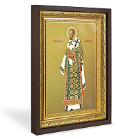 Икона Иоанна Златоуста, в широком багете, цвет "темный дуб", на белом холсте, с золочением