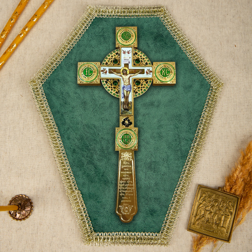 Крест напрестольный деревянный с латунными позолоченными накладками, с эмалью и фианитами, 17,5х43,5 см фото 3