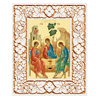 Икона Пресвятой Троицы в резной рамке, цвет "белый с золотом" (патина), ширина рамки 12 см