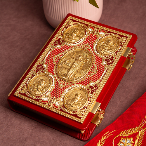 Евангелие требное среднее красное, оклад "под золото", кожа, эмаль, 17х22 см фото 5