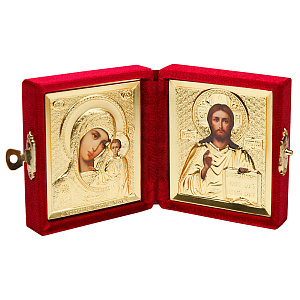 Складень венчальный с ликами Спасителя и Божией Матери "Казанская", 7,5х8 см, бархат, риза (красный)