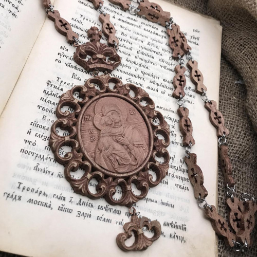 Панагия деревянная темная с цепью, с иконой Богородицы “Владимирская”, 9х16 см фото 2