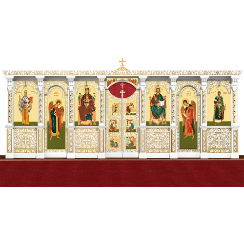 Иконостас деревянный резной "Владимирский" одноярусный белый с золотом (патина), 690х282х40 см №2 фото 2