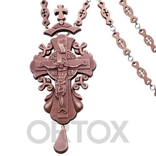 Крест наперсный деревянный резной с цепью, 7х17 см, темный