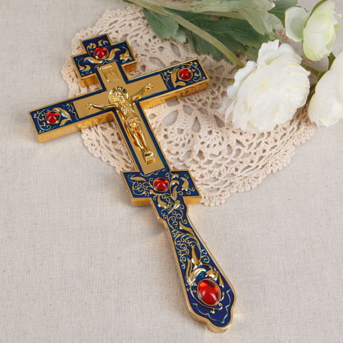 Крест напрестольный, цинковый сплав, синяя эмаль, красные камни, 14,5х26 см, №1 фото 5