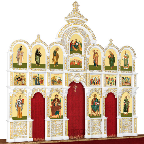 Иконостас "Владимирский" трехъярусный белый с золотом (патина), 690х620х40 см фото 2