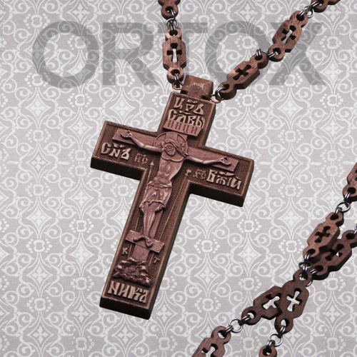 Крест наперсный деревянный темный, резной, с цепью, 6,5х12 см фото 2