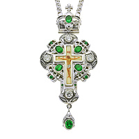 Крест наперсный серебряный, с цепью, зеленые и белые фианиты, высота 15 см