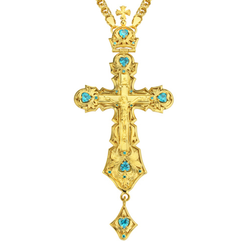 Крест наперсный "Наградной" из ювелирного сплава в позолоте с цепью, фианиты, 6,5х15 см фото 2