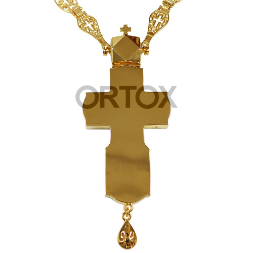 Крест наперсный латунный с цепью в позолоте, красные камни, 6х15 см фото 3