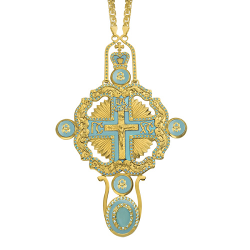 Крест наперсный из ювелирного сплава в позолоте с цепью, красные фианиты и эмаль, высота 18,5 см фото 2