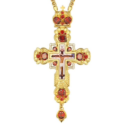Крест наперсный из ювелирного сплава, позолота, фианиты, высота 16 см