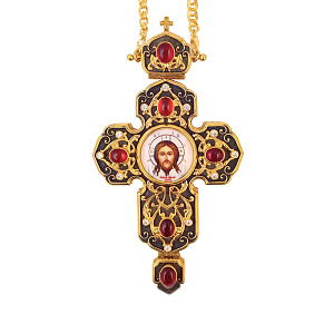 Крест наперсный латунный в позолоте с цепью, фианиты, 8х14,5 см (цветная печать)
