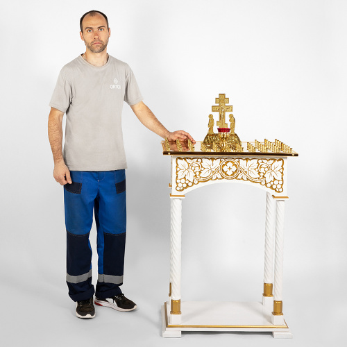 Панихидный стол на 70-100 свечей "Суздальский" белый с золотом (патина), колонны, резьба фото 14