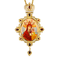 Панагия с иконой Богородицы 10х18 см, с цепью, красные и белые камни