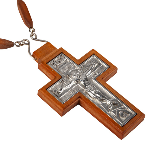 Крест наперсный латунный в серебрении на дереве с цепью, 5,7х9,2 см фото 3