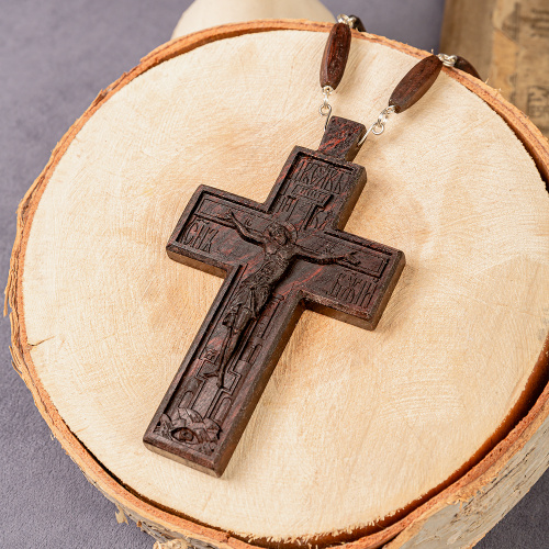 Крест наперсный протоиерейский деревянный темный, с цепью, резной, 7х12 см фото 2