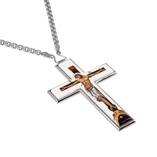 Крест наперсный из ювелирного сплава в серебрении с цепью, деколь, 7х11 см фото 2