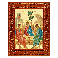 Икона Пресвятой Троицы в резной рамке, цвет "кипарис", ширина рамки 7 см