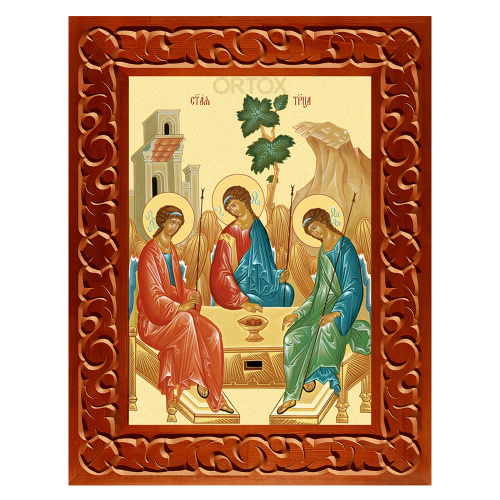 Икона Пресвятой Троицы в резной рамке, цвет "кипарис", ширина рамки 7 см