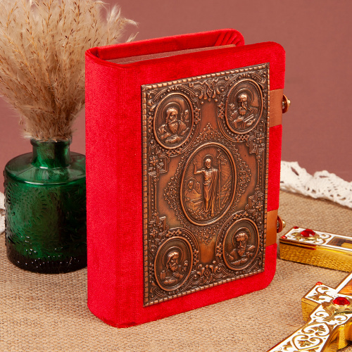 Евангелие требное малое красное, оклад "под бронзу", бархат, 12х16 см фото 3