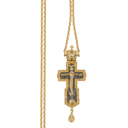 Крест наперсный из ювелирного сплава в позолоте с цепью, чернение, 6х14,5 см фото 3