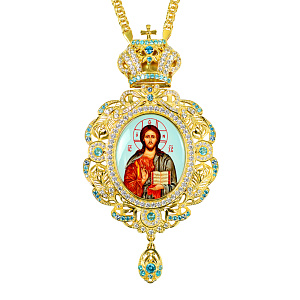 Панагия с иконой Спасителя 8х15 см, с цепью, голубые и белые камни (позолота)