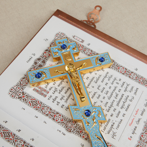Крест напрестольный, голубая эмаль, синие камни, 14,5х26 см фото 6