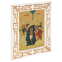 Икона Крещения Господня, в узкой резной раме, белая с золотом (патина), холст с золочением, ширина рамы 7 см
