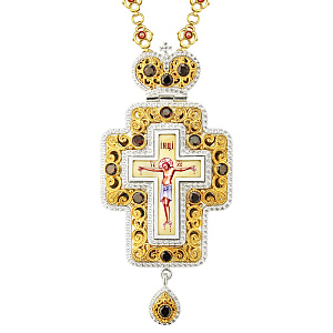 Крест наперсный серебряный, с финифтьевым распятием, позолота, красные фианиты, высота 15 см (вес 235,44 г)