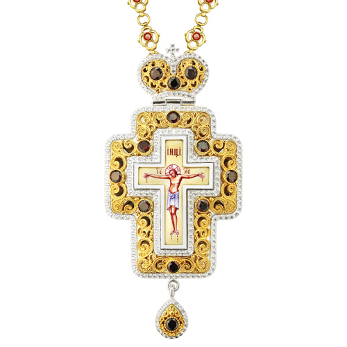 Крест наперсный серебряный, с финифтьевым распятием, позолота, красные фианиты, высота 15 см