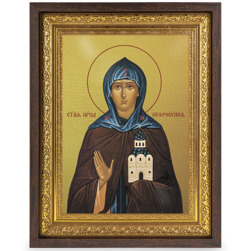 Икона преподобной княгини Евфросинии Московской, в широком багете, цвет "темный дуб", на холсте, с золочением фото 2