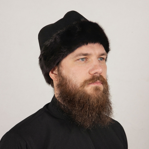 Скуфья зимняя черная, шерстяное сукно, с отворотом из норки, стеганый подклад на синтепоне фото 2