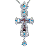 Крест наперсный латунный с цепью, серебрение и фианиты, высота 15 см