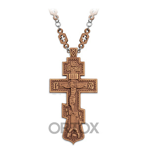 Крест наперсный восьмиконечный деревянный резной с цепью, 6х12 см, темный (натуральное масло, воск)