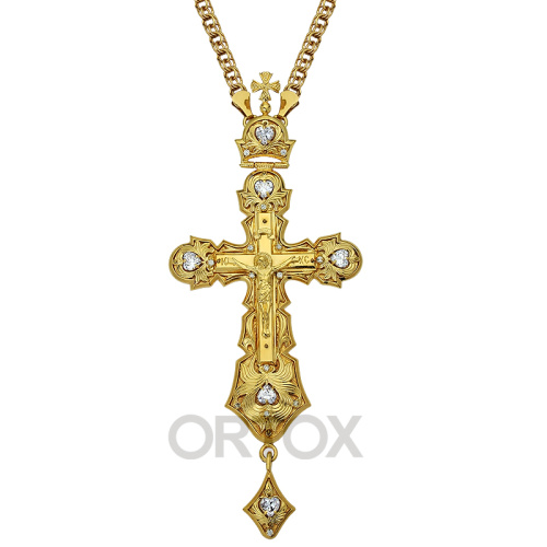 Крест наперсный "Наградной" с цепью из латуни в позолоте, фианиты, 6,5х15 см фото 2
