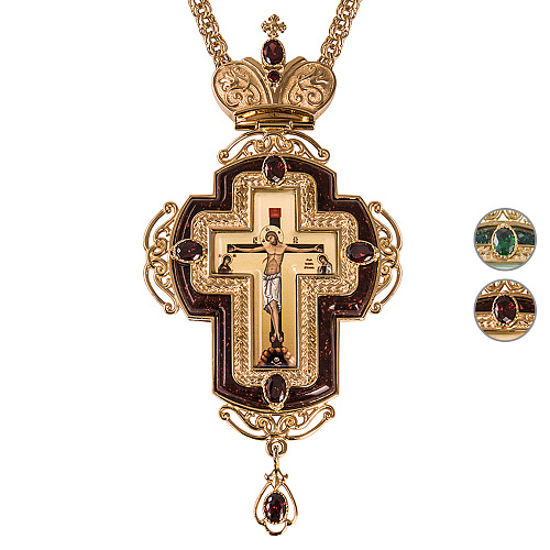 Крест наперсный из ювелирного сплава в позолоте с цепью, фианиты, 7,7х15 см