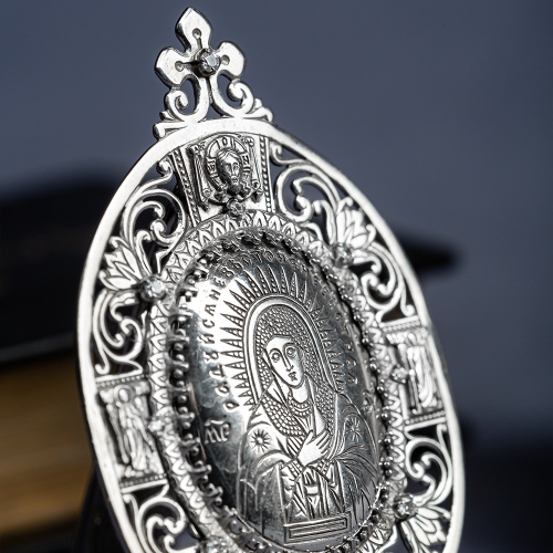 Икона настольная Богородицы "Умиление" из латуни, с серебрением фото 5