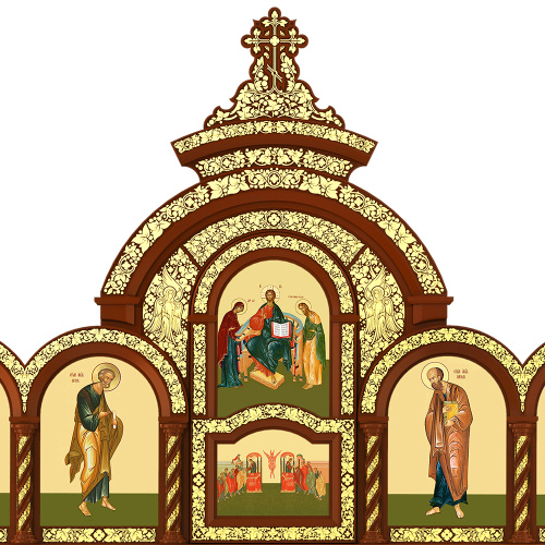 Иконостас деревянный резной "Владимирский" трехъярусный, цвет "кипарис" с золотом (поталь), 690х620х40 см фото 4 Иконостас деревянный резной "Владимирский" трехъярусный, цвет "кипарис" с золотом (поталь), 690х620х40 см фото 4