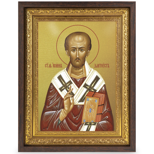 Икона Иоанна Златоуста, святителя, в широком багете, цвет "темный дуб", на холсте, с золочением  фото 2