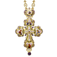Крест наперсный латунный с цепью, в позолоте с иконами, сиреневые фианиты, высота 13 см