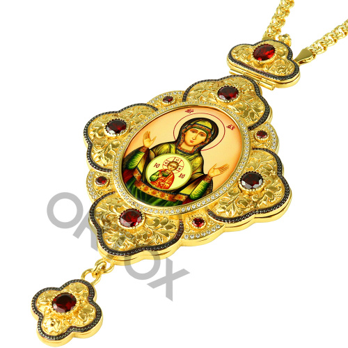 Панагия с иконой Богородицы Знамение 9х16 см, с цепью, красные камни фото 2