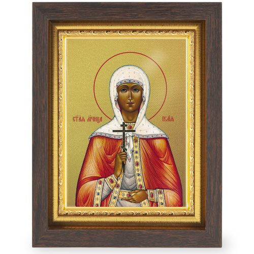 Икона мученицы Иулии (Юлии) Карфагенской, в узком багете, цвет "темный дуб", на холсте, с золочением фото 2